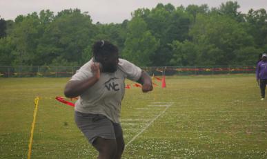 Antonio Reaves finished fourth the 4A state meet in the shot put with a throw of 50 feet, 7 inches. This picture was taken earlier in the season. 
