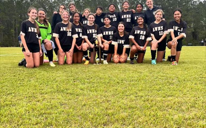 The AWMS girls soccer team won the 2024 Southeast Georgia Middle School Conference title on Monday over Long Middle 4-0. Members of the team include, front row, from left, Emma Mock, Isla Harris, Kendall Horne, Hailey Warren, Bella Brown, Chelsie Balbino, Jayden McCann, Angie Moreno, Lexi Little and Petra Montpetit and, back row, from left, head coach Hannah Fennel, Gracie Wingate, Halle Harrison, Synthia Lin, Vania Cruz-Mendez, Gabby Rojas, Allison Aguilar and assistant coach Nicole Wingate.