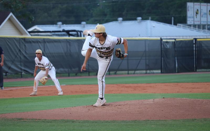 Junior pitcher Rowan Blanton was the story of game two’s 8-0 win over LaGrange. He pitched a complete seven-inning shutout for the win on the mound. He gave up a mere three hits and struck out 10. (Photo by Eric Denty)