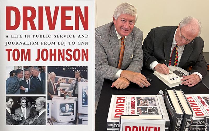 Tom Johnson, right, signs copies of his book for Dink NeSmith, left, in Athens, Georgia, last winter.