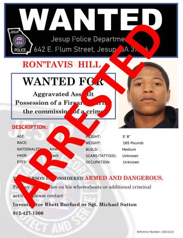 Ron’Tavis Hill has been arrested by the Jesup Police Department.