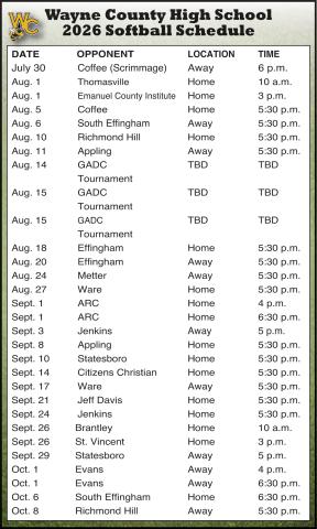 Varsity softball schedule
